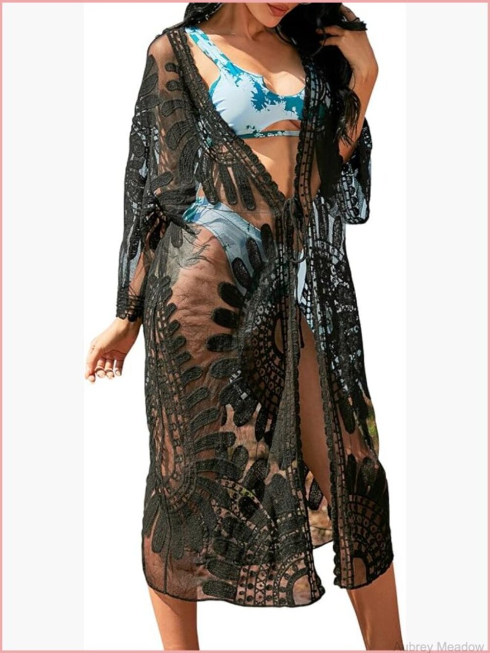 Mesh Lace Embroidery Kimono Swimsuit Coverup 3/4 Sleeve Tie Front Summer